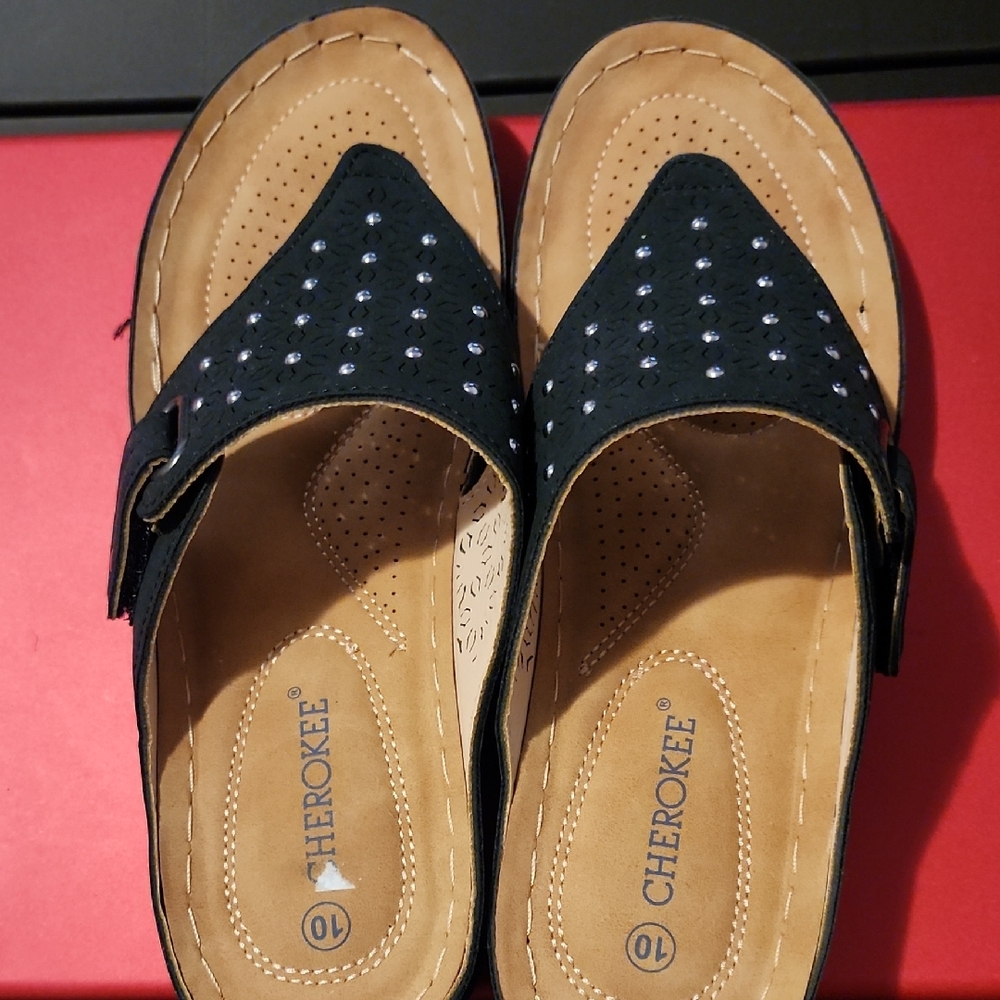 Cherokee Black and Tan Studded Sandals